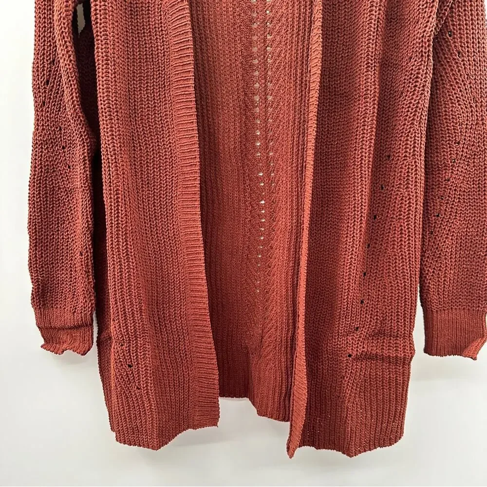 Stitch Fix Love Ellie Anna‎ Pointelle Open Front Rust Knit Cardigan Sz M NEW